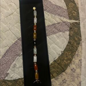 Multicolored jade “good fortune “ 18kt gold over sterling 7.5 inches New